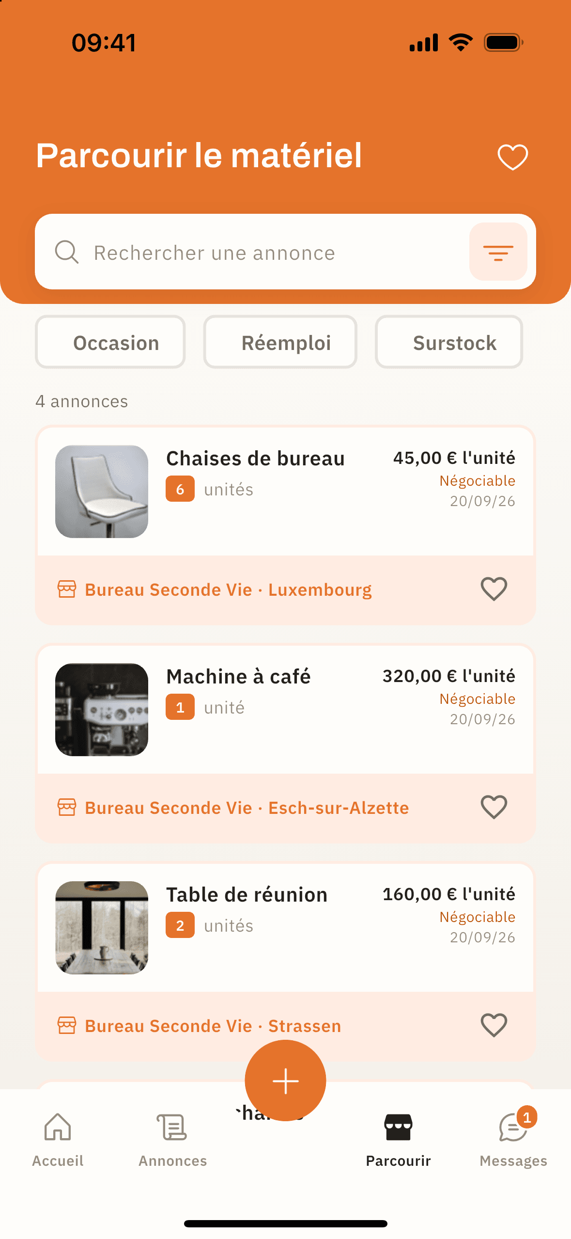 Capture de Restoq : le catalogue de matériel professionnel et ses filtres, avec des annonces fictives.